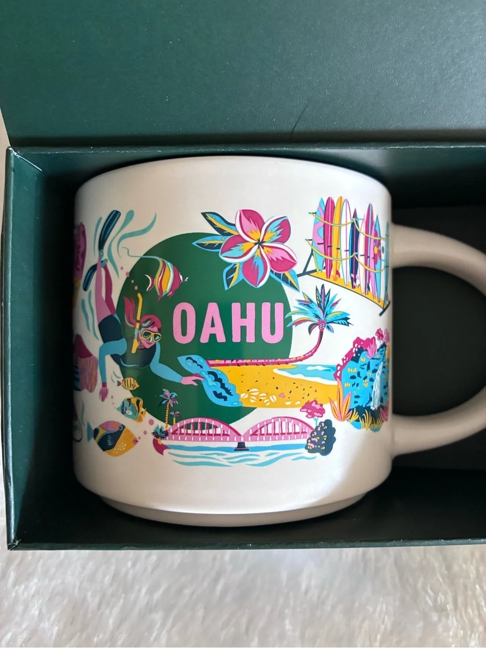Starbucks Oahu White Ceramic Mug with Pink, Teal and Yellow Accents
